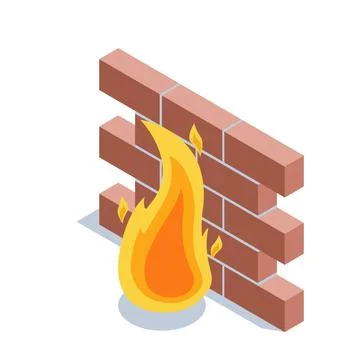 Isometric vector icon of fire near brick wall, isolated on white background,  库存插图