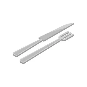 Isometric vector icon of gray fork and knife. Kitchen cutlery. Table setting Stock Illustration