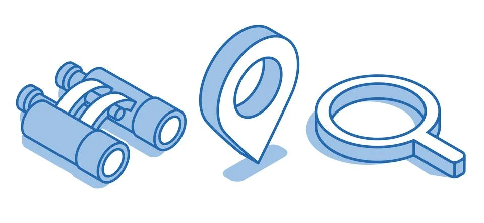 Isometric vector icon set of binoculars next to location icon and magnifying  Stockillustratie