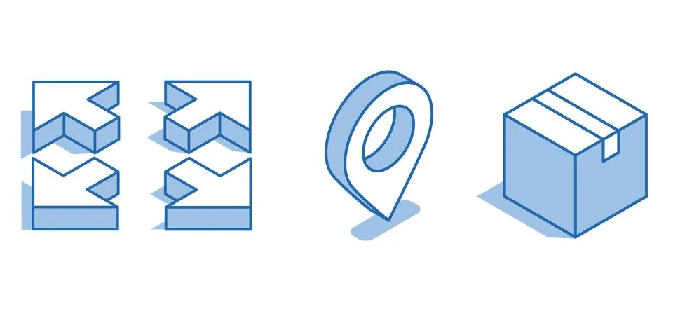 Isometric vector icon set of a box next to a location icon and arrows in four Stock Illustration