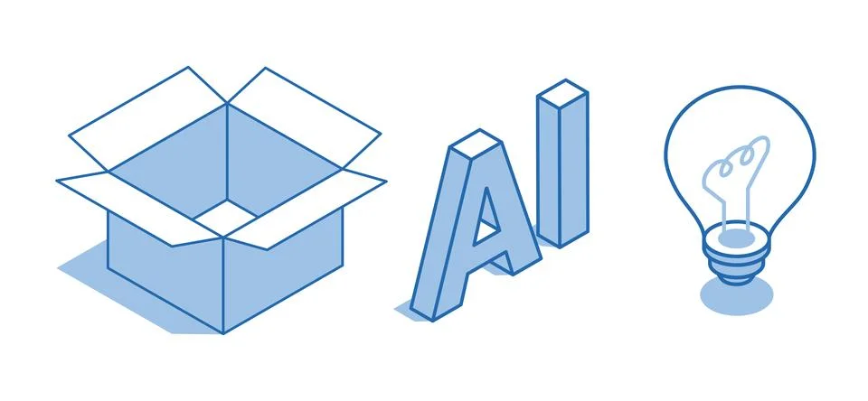 Isometric vector icon set of a box next to a light bulb and the letters AI on Stock Illustration