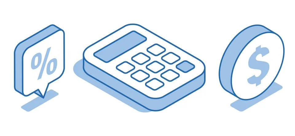 Isometric vector icon set of calculator next to coin and percentage on white  Stock Illustration