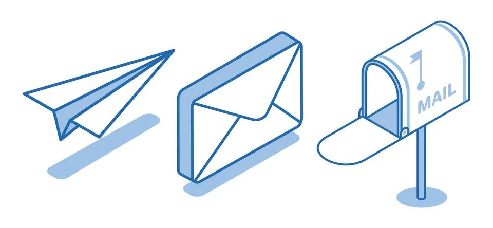 Isometric vector icon set of an envelope near a mailbox and a paper airplane  Stock Illustration