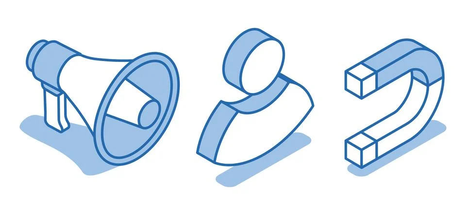 Isometric vector icon set of loudspeaker near magnet and person icon isolated Stock Illustration