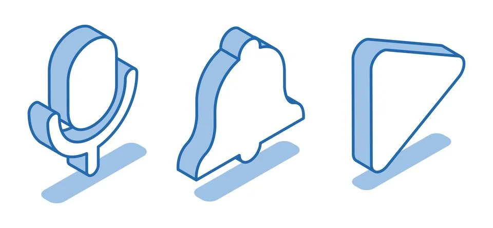 Isometric vector icon set of microphone near bell and triangle on white backg Stock Illustration