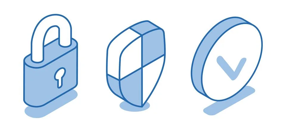Isometric vector icon set of a padlock next to a shield and a check mark on a Stock Illustration