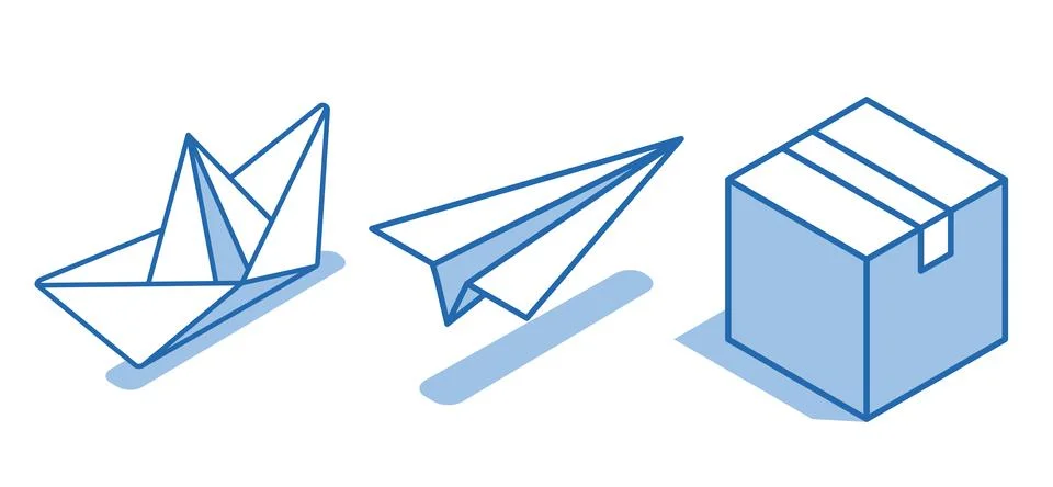 Isometric vector icon set of a paper boat next to a paper airplane and a box  Stock Illustration