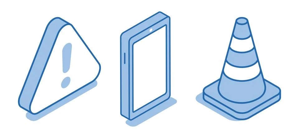 Isometric vector icon set of smartphone near traffic cone and exclamation mar Stock Illustration