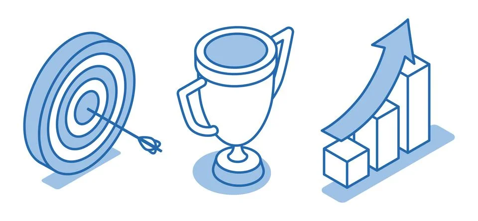 Isometric vector icon set of target near cup and chart on white background, a Stock Illustration