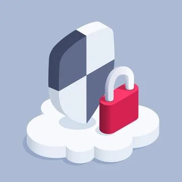 Isometric vector icon of shield with lock on cloud, cloud data storage reliab Illustrazione stock