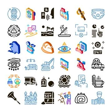 Isometric vector icons collage representing diverse business and lifestyle .. Stock Illustration