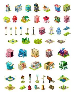 Isometric vector icons set for city constructor. Houses, cafe, hospital, shop イラスト素材