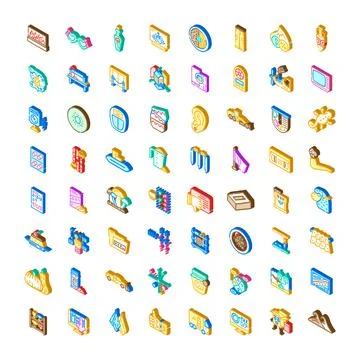 Isometric vector icons set diverse collection various objects Stock Illustration