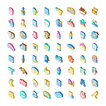 Isometric vector icons set representing various concepts and objects Stock Illustration