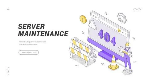 Isometric vector illustration of a 404 error page. Server maintenance and web Ilustración de archivo