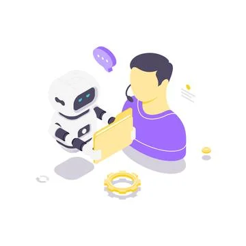 Isometric vector illustration of AI and human collaboration. Concept for cust Stock Illustration