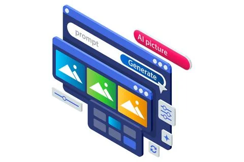 Isometric vector illustration of AI assistant generating design template for app 스톡 일러스트
