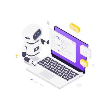 Isometric vector illustration of an AI bot coding software. Concept for appli Stock Illustration