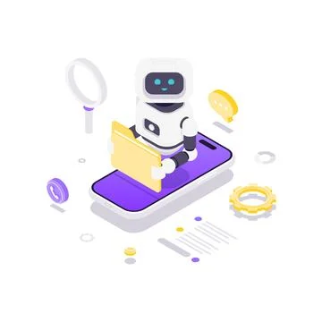 Isometric vector illustration of an AI chatbot on a smartphone. Concept for o Stock Illustration