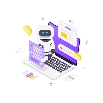 Isometric vector illustration of an AI chatbot on a laptop. For online custom Stockillustratie