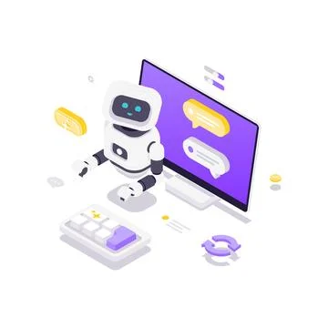 Isometric vector illustration of an AI chatbot providing customer support. Re Stock Illustration