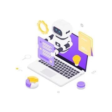 Isometric vector illustration of an AI chatbot. Robot assistant emerges from  Stock Illustration