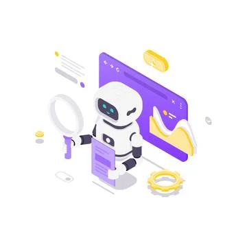 Isometric vector illustration of AI in data analysis. Robot with magnifier re Illustrazione stock