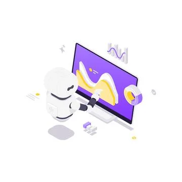 Isometric vector illustration of AI in data visualization. Robot works with b Stock Illustration