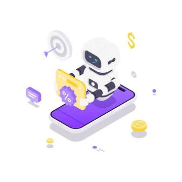 Isometric vector illustration of AI in digital marketing. Robot on smartphone Stock Illustration