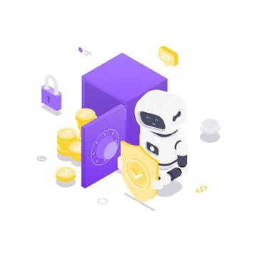Isometric vector illustration of AI in financial security. Robot with shield  Stock Illustration