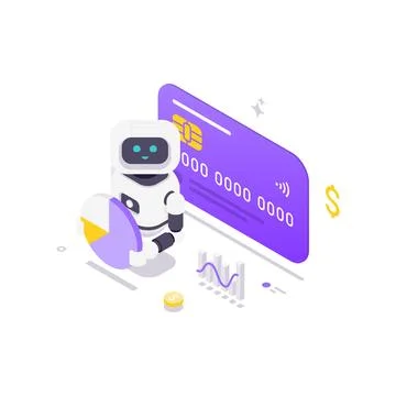 Isometric vector illustration of AI in fintech. Robot manages credit card pay Stock Illustration