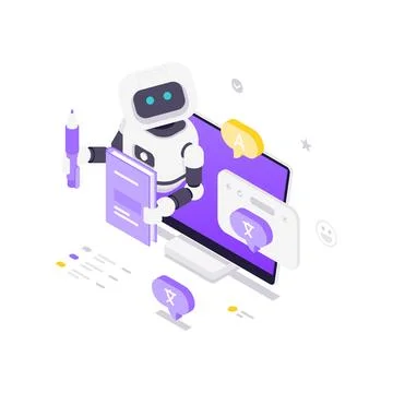 Isometric vector illustration of AI in language translation. Robot using onli 库存插图