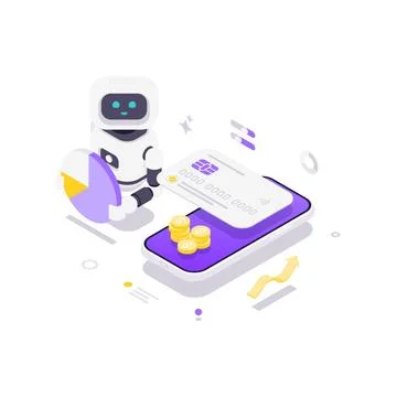 Isometric vector illustration of an AI robot for fintech solutions. Concept f Stock Illustration