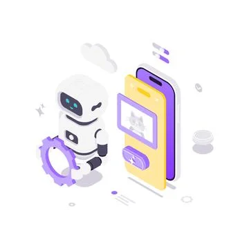 Isometric vector illustration of an AI robot with a mobile app. Concept for U Stock Illustration