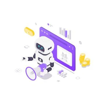 Isometric vector illustration of an AI robot with a megaphone. Concept for di Stock Illustration