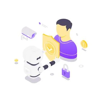 Isometric vector illustration of an AI robot protecting a user. Concept for d Illustrazione stock