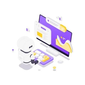 Isometric vector illustration of an AI robot with a calculator. Concept for d Illustrazione stock