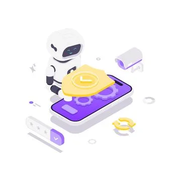Isometric vector illustration of an AI robot on a smartphone. Concept for mob イラスト素材