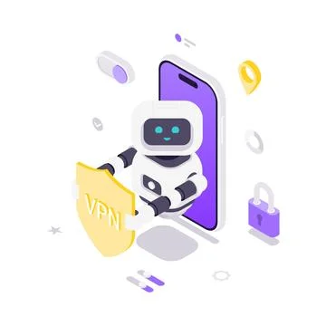 Isometric vector illustration of an AI robot with a VPN shield. Concept for c Illustrazione stock