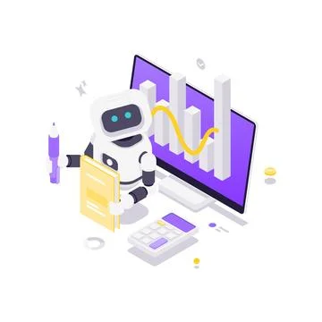 Isometric vector illustration of an AI robot analyzing data. Concept for busi Illustrazione stock