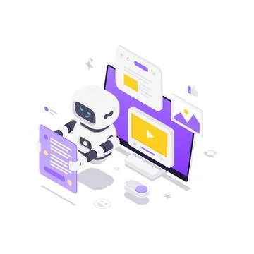 Isometric vector illustration with an AI robot managing digital content. Conc Stock Illustration