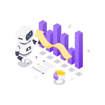 Isometric vector illustration with an AI robot and financial charts. Concept  Stock Illustration