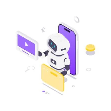 Isometric vector illustration of an AI robot on a smartphone. Concept for dig Stock Illustration