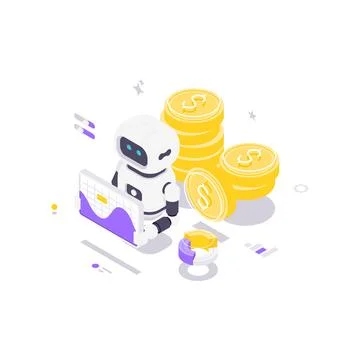 Isometric vector illustration with AI robot and money. Concept for fintech, i Stock Illustration