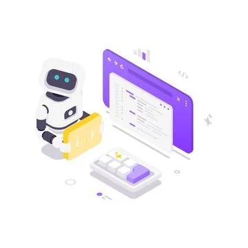 Isometric vector illustration with AI robot and code. Concept for software de 스톡 일러스트