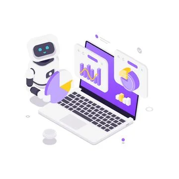 Isometric vector illustration of an AI robot with data charts. Concept for bu Illustrazione stock