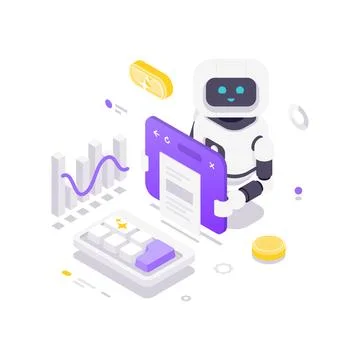 Isometric vector illustration of an AI robot with a calculator and financial  Stock Illustration