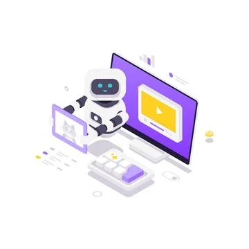 Isometric vector illustration of an AI robot at a workstation. For content cr Illustrazione stock