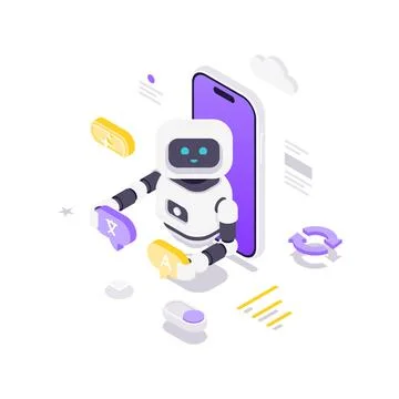 Isometric vector illustration of an AI robot for language translation. For mo Stock Illustration