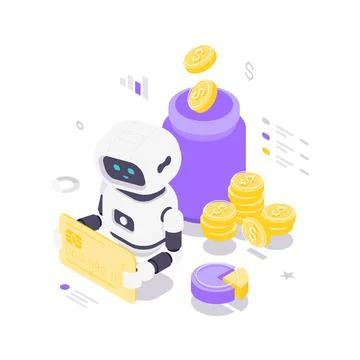 Isometric vector illustration of an AI robot managing savings and investments Stock Illustration